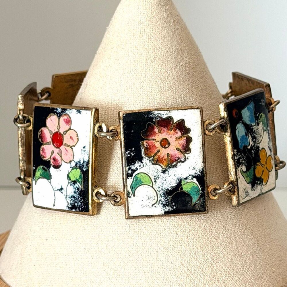Vintage Robert Kuo Cloisonné Enamel Floral Panel Bracelet